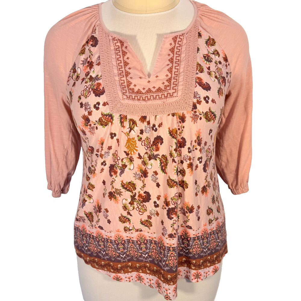 Vintage America Blouse Women's XL Peasant Top Half Sleeve Notch Neck Floral